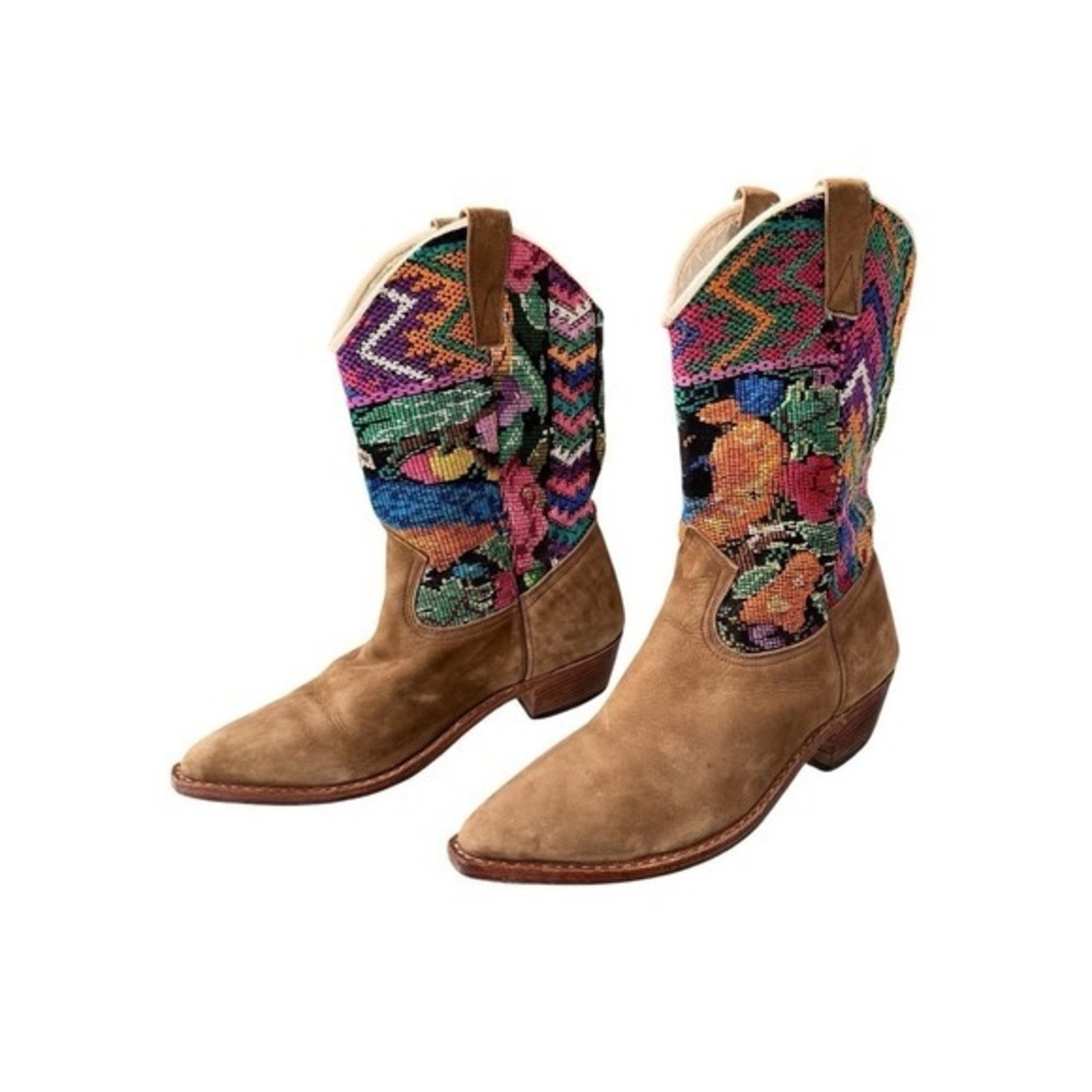 Genuine Suede Colorful Embroidered Southwestern Cowboy Boots - Picture 3 of 8
